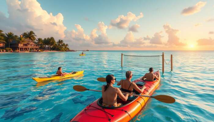 Lively all-inclusive resort scene: guests kayaking in turquoise waters, snorkelling over coral reefs, playing beach volleyball under palm trees, and enjoying a sunset cultural show.