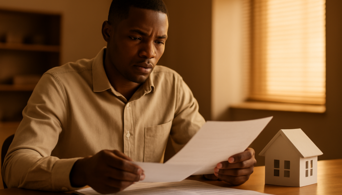 Focused South African applicant reviewing payslips and contracts for a home loan at the bank.