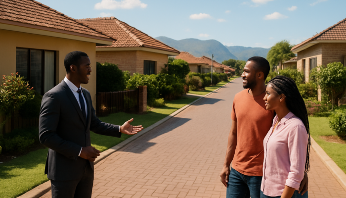 Couple exploring modern homes on a bustling Thohoyandou street with their real estate agent beneath a clear sky.