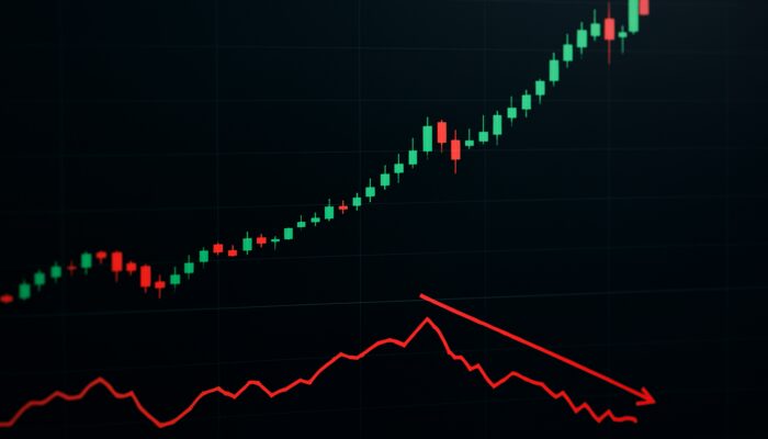 Trading chart displaying surging candlesticks at new highs, diverging downward Chaikin Money Flow, and red trendlines indicating reversal.