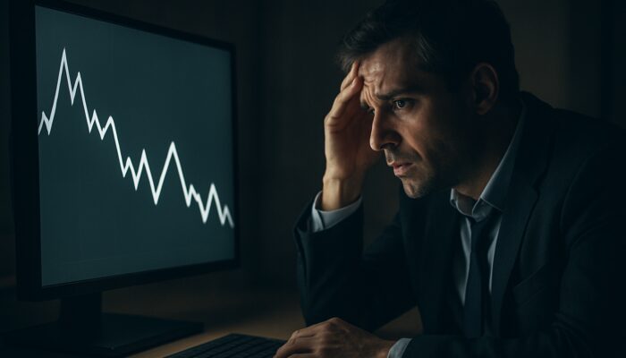 A concerned trader monitoring a zigzagging chart with false breakouts and whipsaws in dim lighting