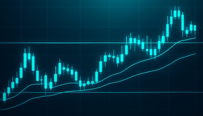 Financial chart with flat moving averages in a sideways market, candlesticks positioned between support and resistance.