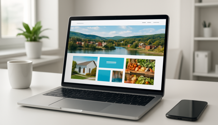 Laptop showcasing a modern Kingswood website redesign for small businesses with sleek layouts and mobile previews.