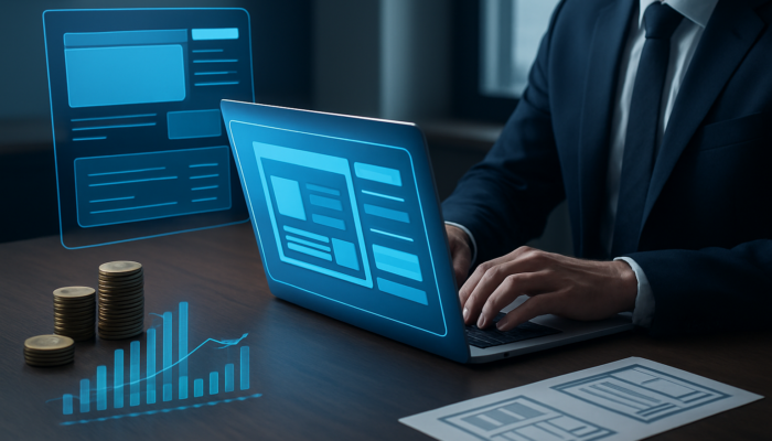 Businessman budgeting for Kingswood website redesign on laptop with financial charts, coins, and mockups