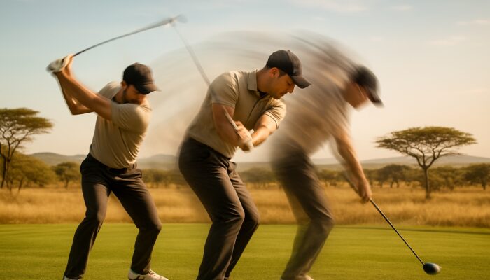 Focused golfer repeating powerful swings with motion blur on bright South African savanna turf.