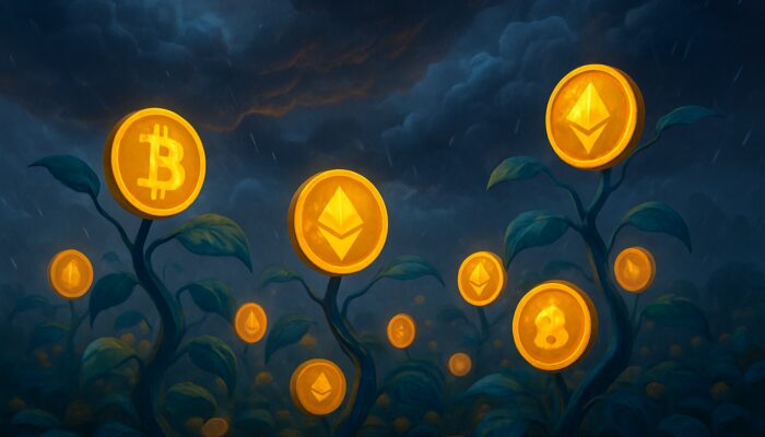 Surreal digital garden of glowing crypto tokens on vines surrounded by stormy volatility clouds and stakers diluting yields.