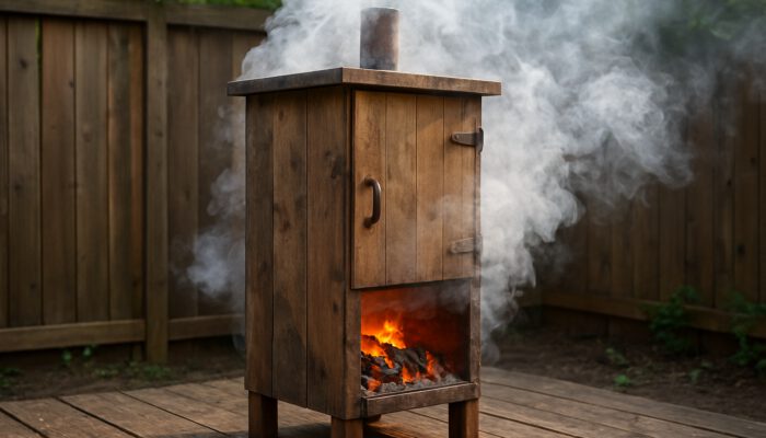 Rustic DIY cold smoker with glowing hardwood chunks producing thick smoke in backyard setup