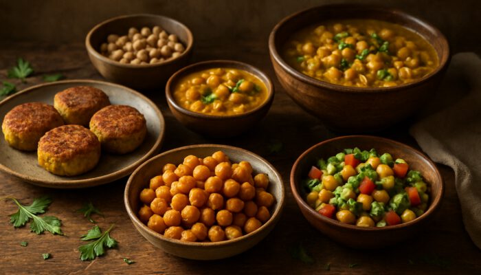 Rustic counter displaying roasted chickpeas, falafel, salad, and curry bowls in sunlight