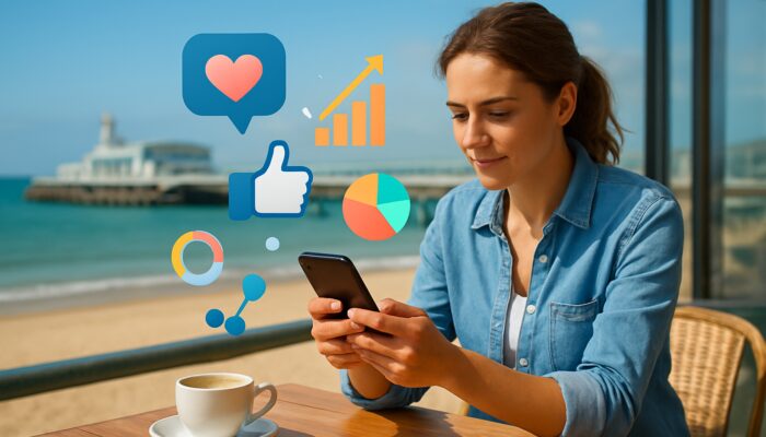 Small business owner devising social media strategy on a smartphone in a Bournemouth beach café with charts and a sea view