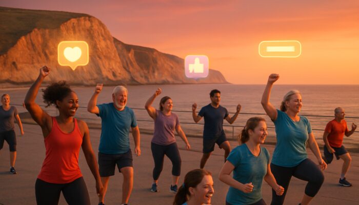 Diverse locals participating in a coastal gym class at dusk with Jurassic cliffs and marketing icons.