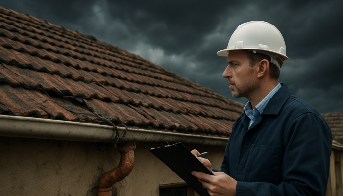 Professional inspector examining a damaged roof and exposed wiring in an aging South African home in Springs under a stormy sky.
