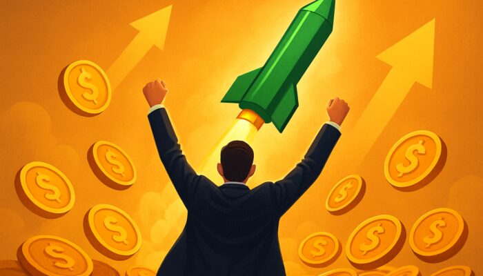 Triumphant trader watches a massive green candlestick surge amid golden coins and upward arrows for the largest winning trade