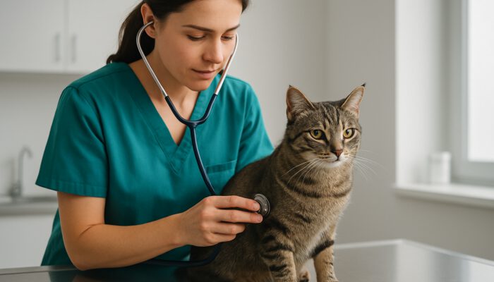 Veterinarian assessing a calm tabby cat with a stethoscope before surgery