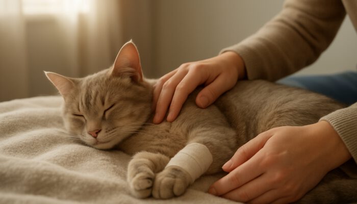Cat relaxing on a blanket in a sunlit home during declawing recovery with owner support nearby