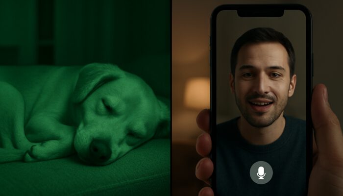 Split-screen night vision of a sleeping dog with two-way audio on a smartphone app.