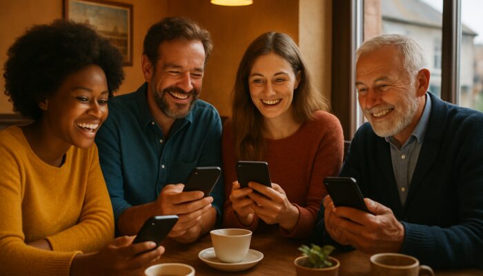 Kingsbridge locals smiling in a cosy café during a live social media Q&A on smartphones