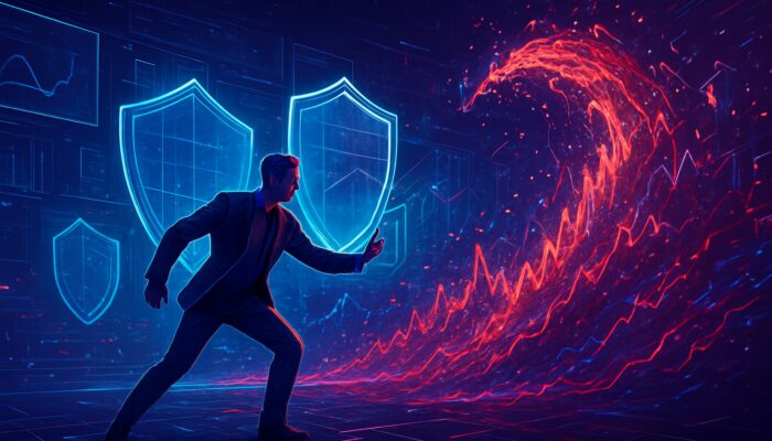 Futuristic trader deflecting volatile market waves with holographic risk shields and analytics dashboards.