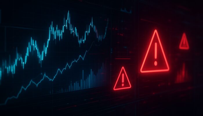 Futuristic holographic trading interface showing racing stock charts and flashing red risk alerts on dark screens.