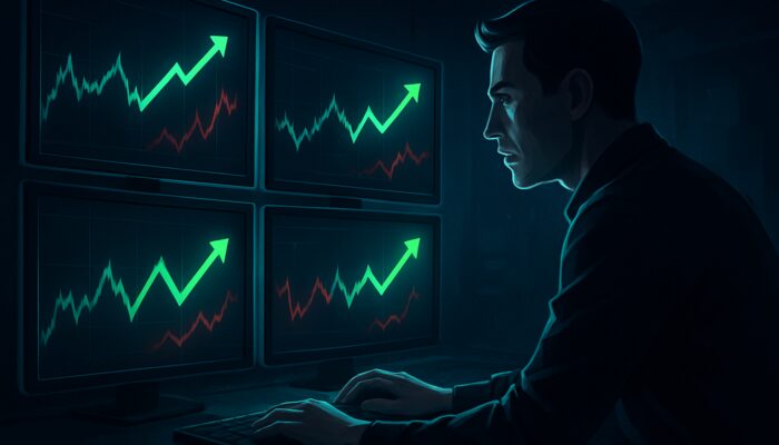 Trader capturing crypto arbitrage profits on glowing screens in dark high-tech room with green arrows.