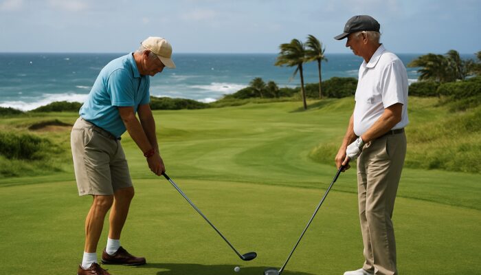 Senior golfers executing pre-shot routine on windy Durban Country Club fairway