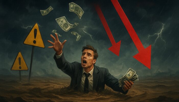 Investor drowning in quicksand while throwing money at declining stock arrows amidst warning signs.