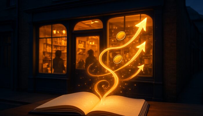 Nailsea shopfront at twilight with a copywriting notebook attracting customers amid sales arrows and coins