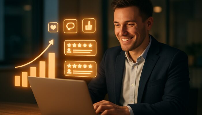 A UK entrepreneur reviews glowing client testimonials on a laptop while surrounded by rising sales charts in a modern office.