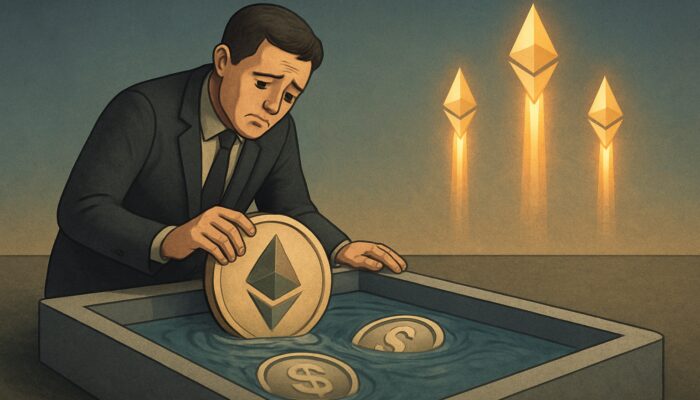 Surreal sad investor withdrawing faded ETH-USDC tokens as glowing Ethereum rockets skyward, showing impermanent loss.