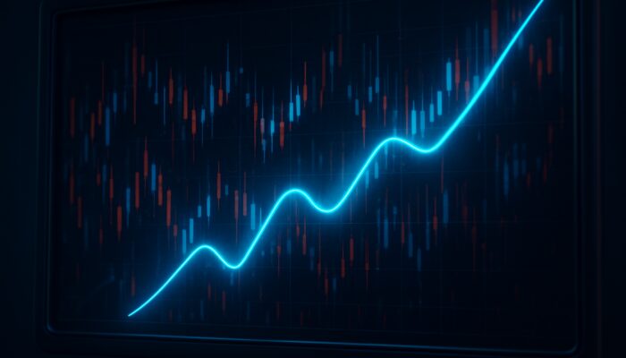 Cyberpunk trading terminal featuring a glowing blue TRIX oscillator integrated with candlestick charts to illustrate upward trends