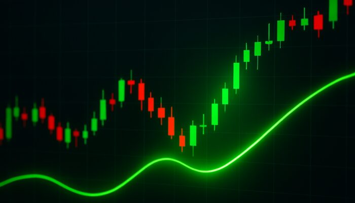 Trading chart illustrating green Trix line crossing above zero amid candlesticks indicating bullish buy signal
