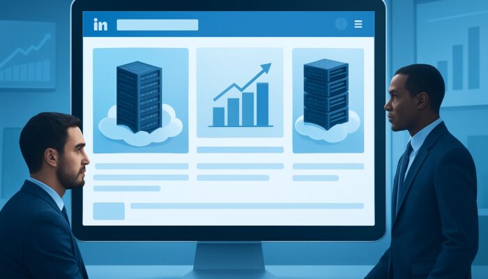 LinkedIn interface displaying B2B cloud hosting ads with server racks and conversion charts in blue workspace.