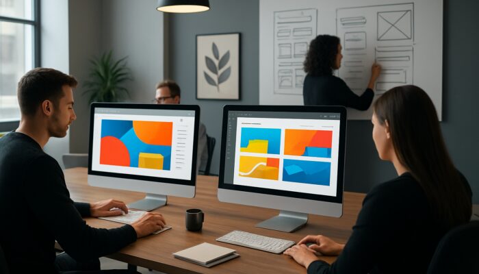 Sleek Marlborough design studio experts crafting vibrant WordPress websites on glowing screens.