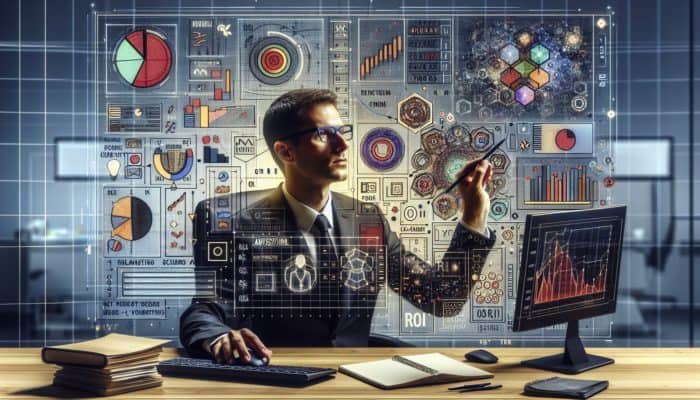 Person analysing digital advertising data on computer, with graphs, charts, and budget notes in modern office.