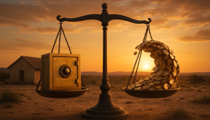 Traditional Beaufort West home with fixed rates symbolised by a sturdy foundation, variable rates depicted by fluctuating coins, all balanced on a scale at sunset.