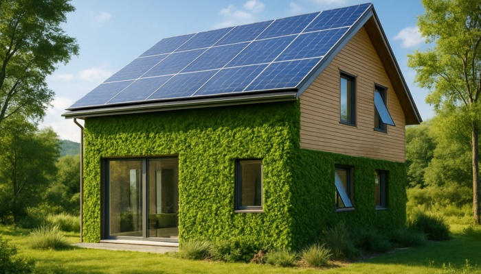 Modern eco-friendly house with solar panels, green walls, and smart windows in a tranquil landscape.