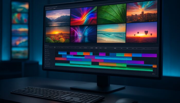 Modern video editing interface showcasing vibrant stock images flowing into a sleek professional timeline.