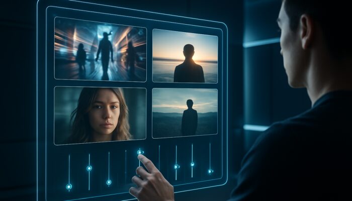 Creator adjusting sliders on a holographic AI video interface in a futuristic studio.