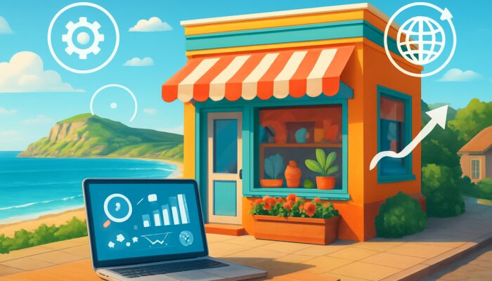 Bright illustration of Swanage shopfront with SEO laptop overlooking Jurassic Coast