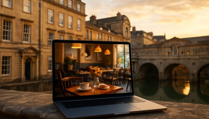 Laptop showcasing a vibrant Bath cafe website against the backdrop of the Roman Baths and Georgian facades during golden hour