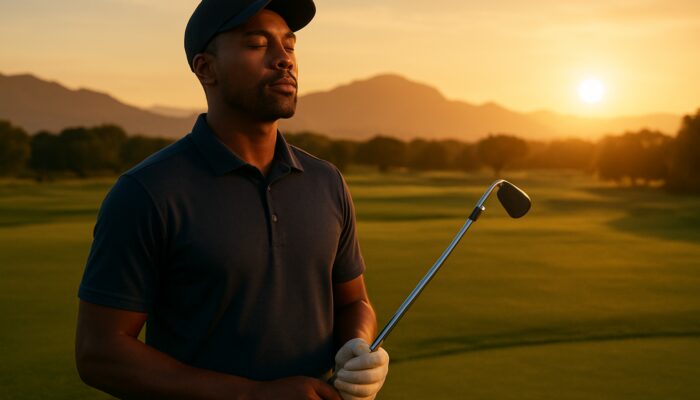 A South African golfer practising deep breathing at sunset on a lush course with mountains.
