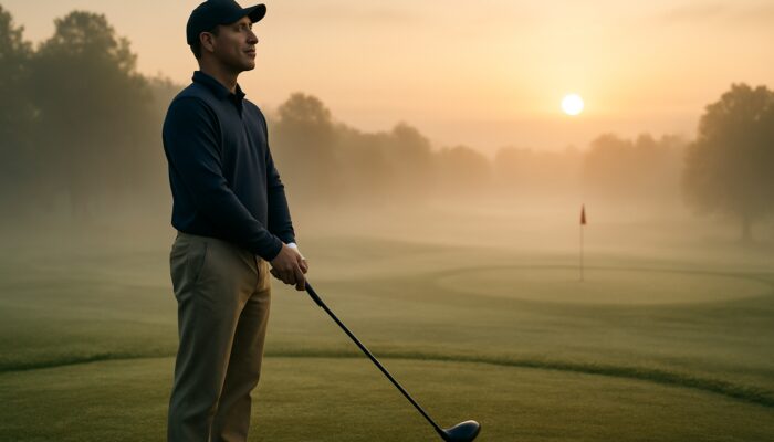 A focused golfer with eyes closed practising 4-7-8 breathing on a misty dawn tee while visualising the shot.