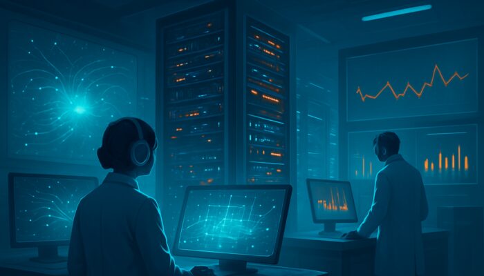 Engineers monitor glowing servers under simulated traffic storm with performance graphs in futuristic lab.