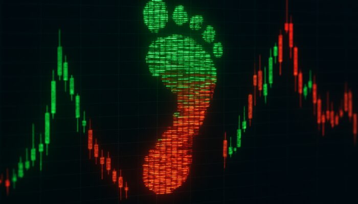 Glowing footprint chart on trading terminal with green and red buyer-seller volume blocks.