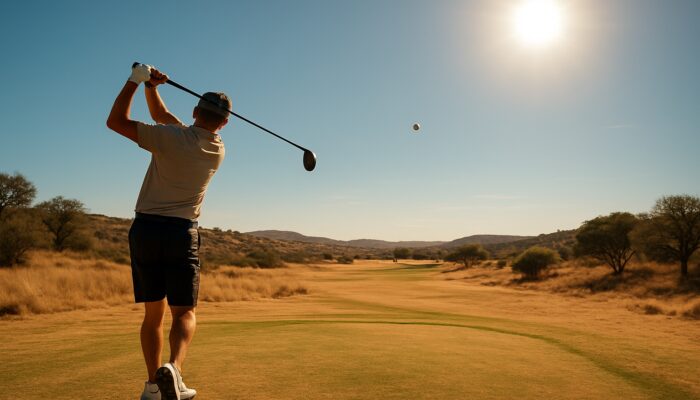 Golfer swings low-spin ball on sun-scorched South African course under blazing summer sky