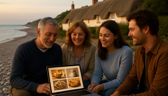 Locals in Budleigh Salterton gather around laptop showing local crafts on pebble beach with cottages.